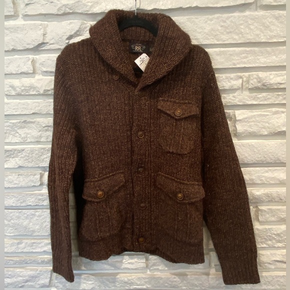 NWT Men’s Double RL - Suede Trim Marled Shawl Cardigan in Brown Tan Mark, Size M - Picture 5 of 12